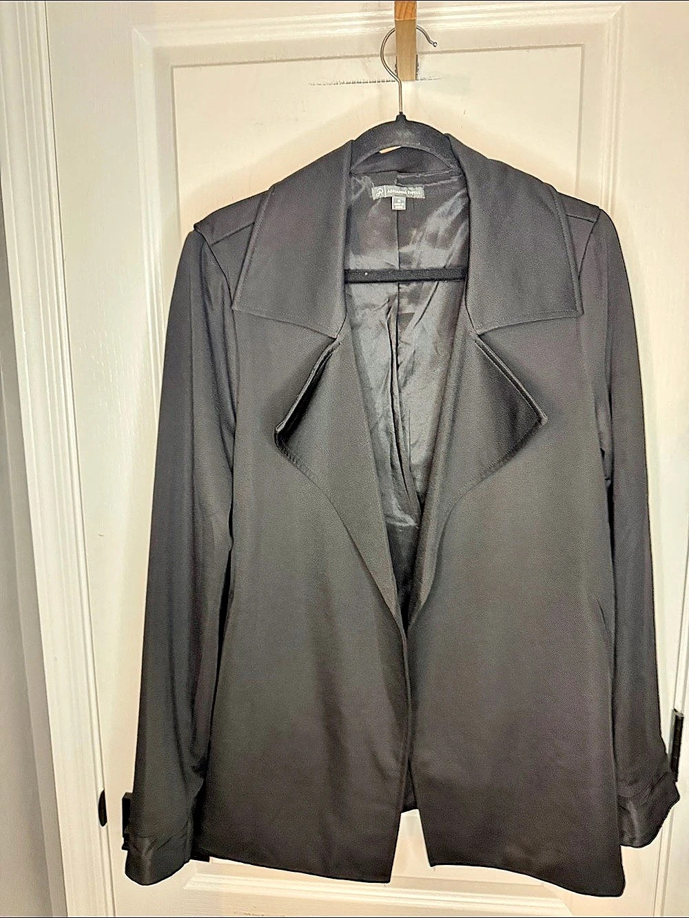 Adrianna Papell Draped Open Front Jacket Black Trench Coat Size Medium Like New